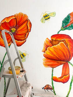Mural Acrylics Patrizia K Ingram ART red poppies, bees, ladybugs, commission murals